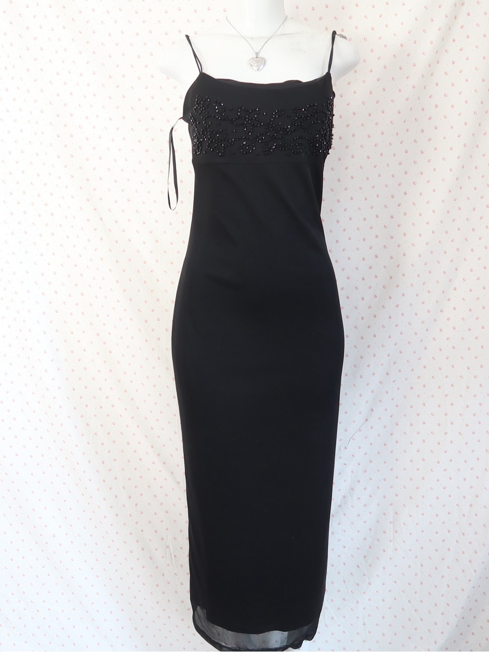 90s Black Beaded Spaghetti-Strap Evening Dress